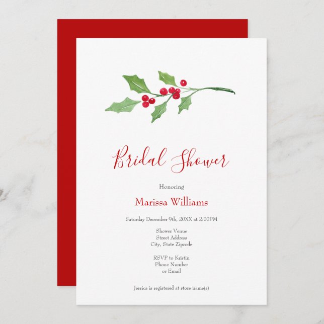 Watercolor Holly Sprig Invitation (Front/Back)