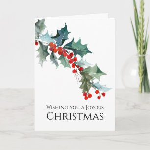 Watercolor Holly Sprig Joyous Christmas Card