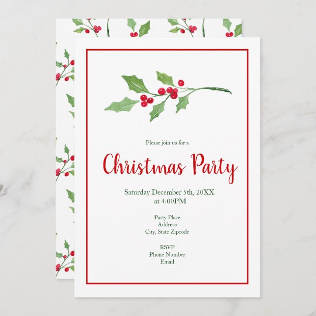 Watercolor Holly Sprigs and Pattern Invitation (Front/Back)
