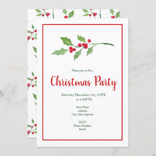 Watercolor Holly Sprigs and Pattern Invitation