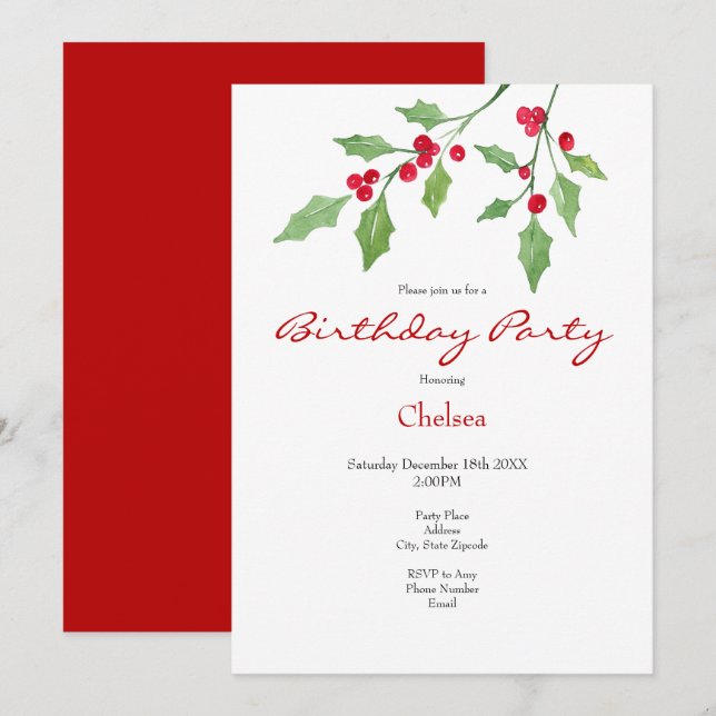 Watercolor Holly Sprigs Invitation (Front/Back)