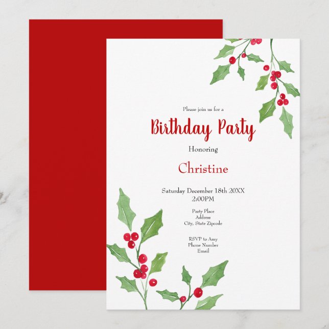 Watercolor Holly Sprigs Invitation (Front/Back)
