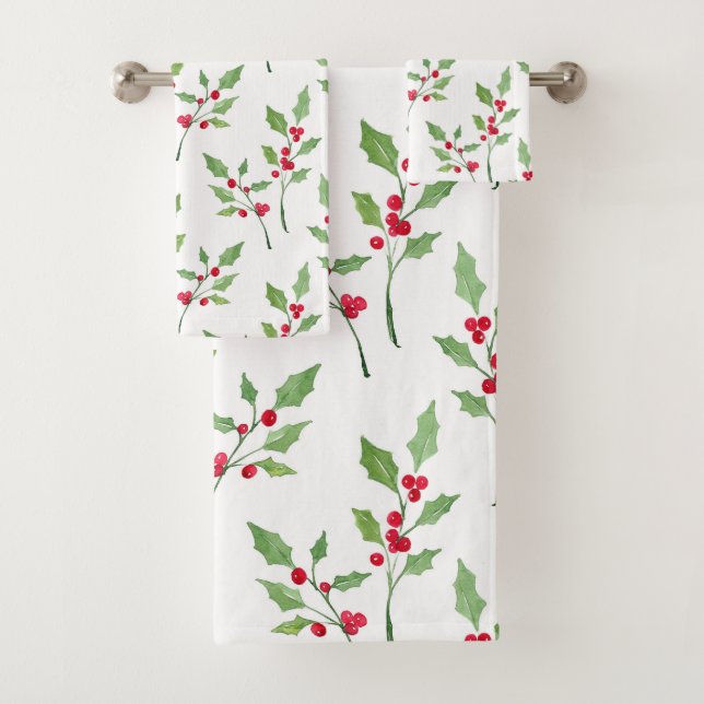Watercolor Holly Sprigs Pattern Bath Towel Set (Insitu)