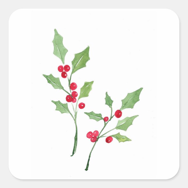 Watercolor Holly Sprigs Square Sticker (Front)