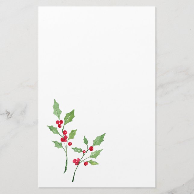 Watercolor Holly Sprigs Stationery (Front)