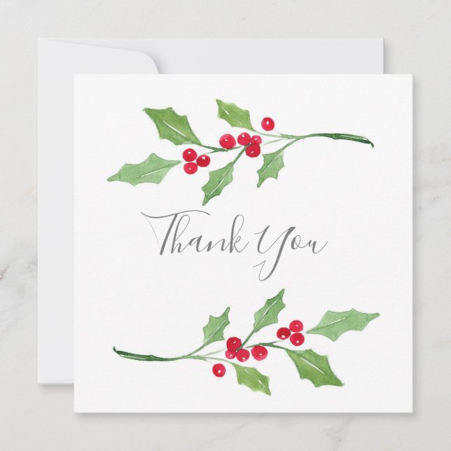 Watercolor Holly Sprigs Thank You Card (Front)