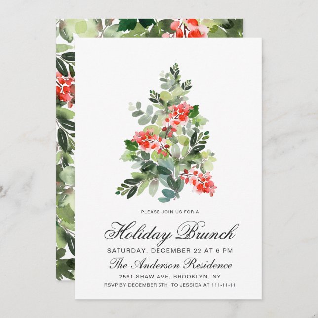 Watercolor Holly Tree Christmas Holiday Brunch Invitation (Front/Back)