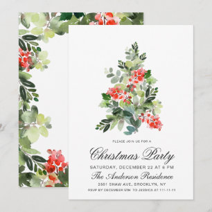 Watercolor Holly Tree Christmas Holiday Party Invitation