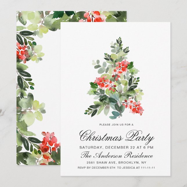 Watercolor Holly Tree Christmas Holiday Party Invitation (Front/Back)