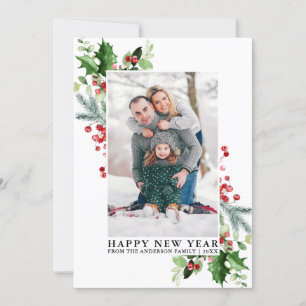 Watercolor Holly Winter Greenery Photo New Year Holiday Card