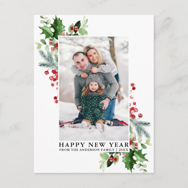 Watercolor Holly Winter Greenery Photo New Year Postcard (Front)