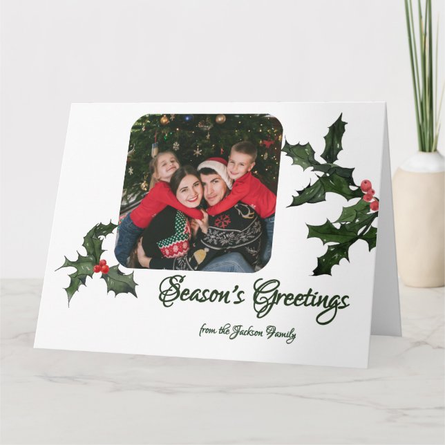 Watercolor Holly with Berries Photo Christmas Card (Front)