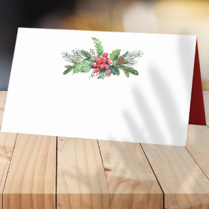 Watercolor Holly with Pine and Berry   Holiday Place Card