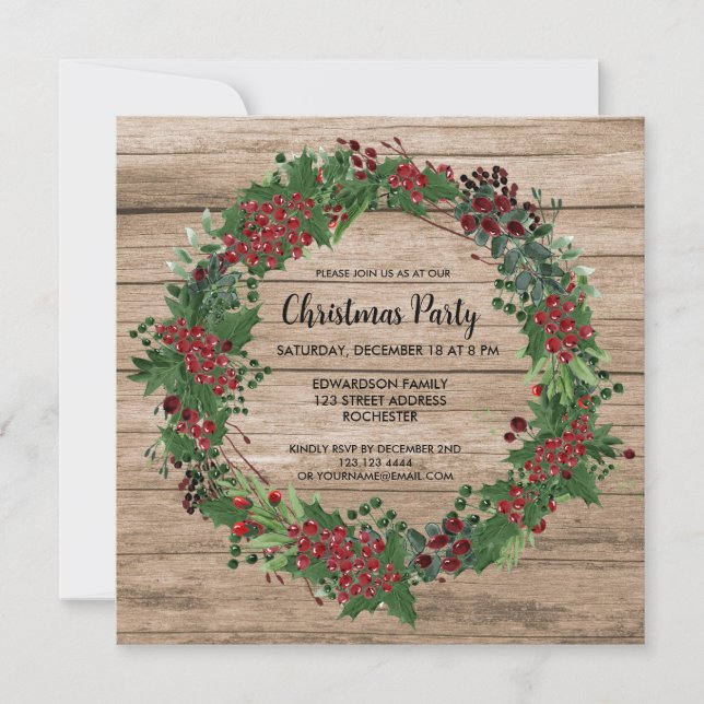 Watercolor Holly wreath barn wood Christmas party Invitation (Front)