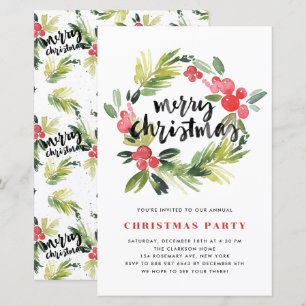 Watercolor Holly Wreath Christmas Party Invitation