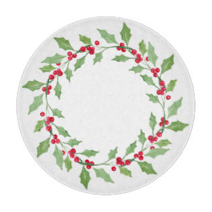 Watercolor Holly Wreath  Cutting Board
