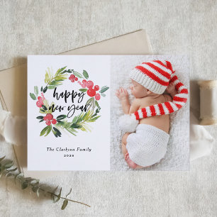 Watercolor Holly Wreath Happy New Year Photo Holiday Card
