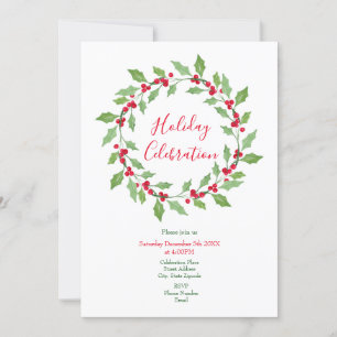 Watercolor Holly Wreath Invitation