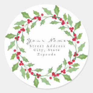 'Watercolor Holly Wreath'  Label