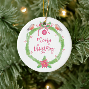 Watercolor Holly Wreath "Merry Christmas" Ceramic Tree Decoration