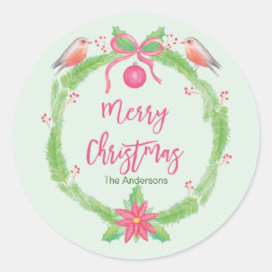 Watercolor Holly Wreath  "Merry Christmas" Classic Round Sticker