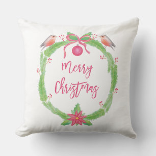 Watercolor Holly Wreath Merry Christmas Cushion