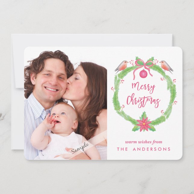 Watercolor Holly Wreath "Merry Christmas + Phot Holiday Card (Front)
