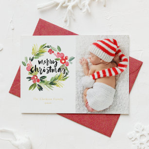 Watercolor Holly Wreath Merry Christmas Photo Foil Holiday Card