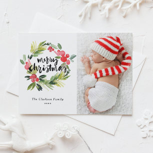 Watercolor Holly Wreath Merry Christmas Photo Holiday Postcard