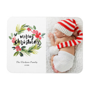 Watercolor Holly Wreath Merry Christmas Photo Magnet