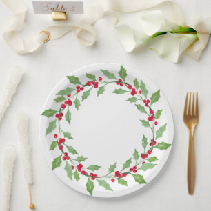 Watercolor Holly Wreath Paper Plate