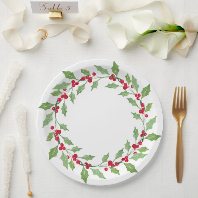 Watercolor Holly Wreath Paper Plate (Wedding)