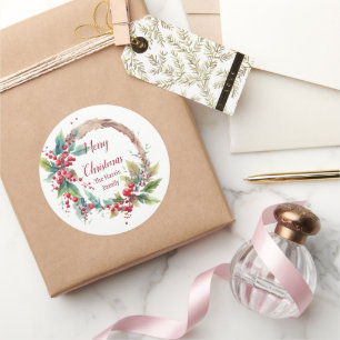 Watercolor holly wreath personalised Christmas Classic Round Sticker