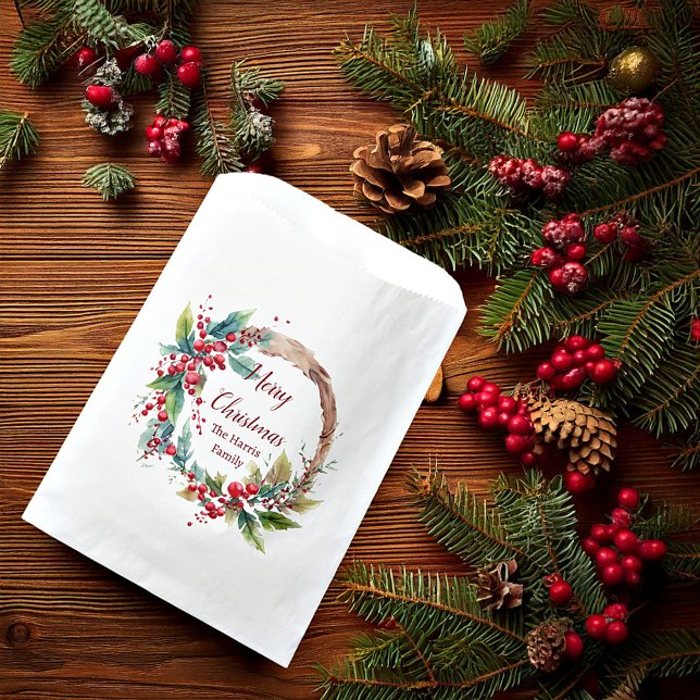 Watercolor holly wreath personalised Christmas Favour Bags (Creator Uploaded)