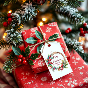 Watercolor holly wreath personalised Christmas Gift Tags