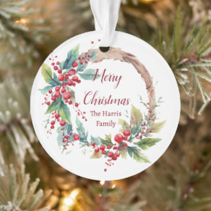 Watercolor holly wreath personalised Christmas Ornament