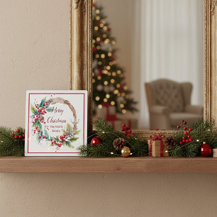 Watercolor holly wreath personalised Christmas Plaque