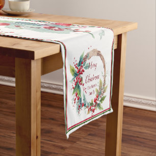 Watercolor holly wreath personalised Christmas Short Table Runner