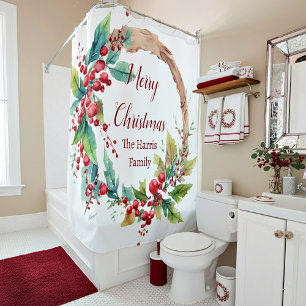 Watercolor holly wreath personalised Christmas Shower Curtain