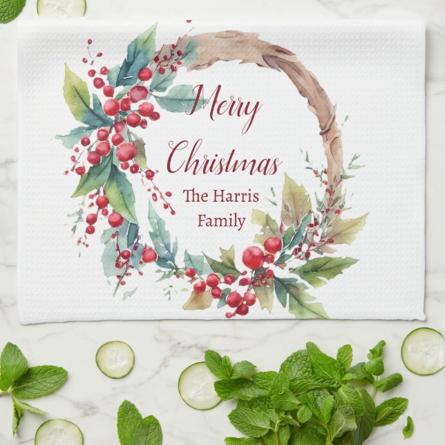 Watercolor holly wreath personalised Christmas Tea Towel (Folded)
