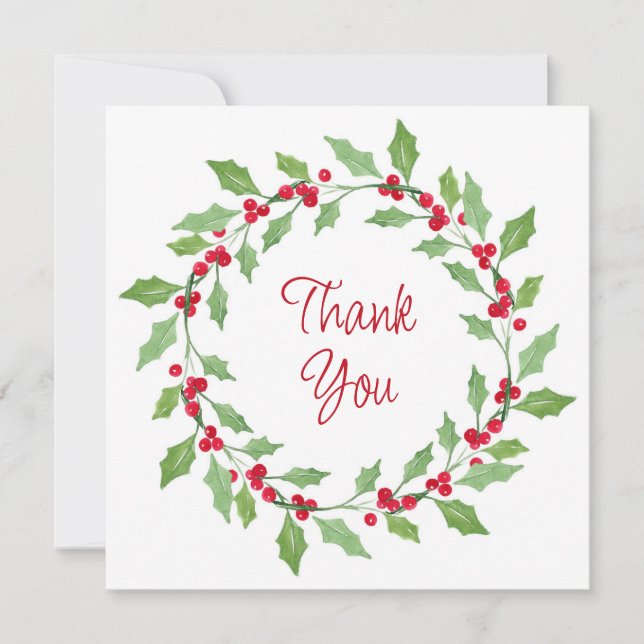 Watercolor Holly Wreath Thank You Card (Front)
