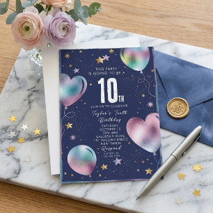 Watercolor Holographic Balloons 10th Birthday Invitation