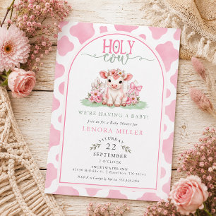 Watercolor Holy Cow Pink Cowprint Girl Baby Shower Invitation