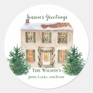Watercolor Home Pine Season's Greetings Custom   Classic Round Sticker