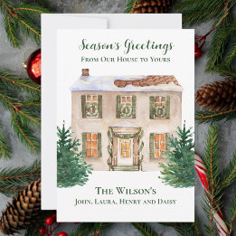 Watercolor Home Pine Season's Greetings Custom Holiday Card