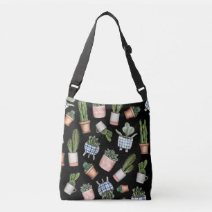 Watercolor Home Plants Black Seamless Crossbody Bag