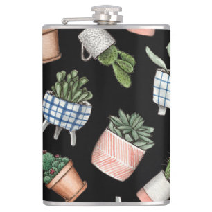 Watercolor Home Plants Black Seamless Hip Flask