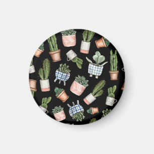 Watercolor Home Plants Black Seamless Magnet