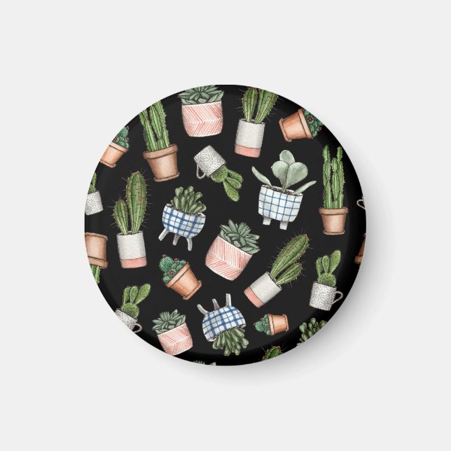 Watercolor Home Plants Black Seamless Magnet (Front)