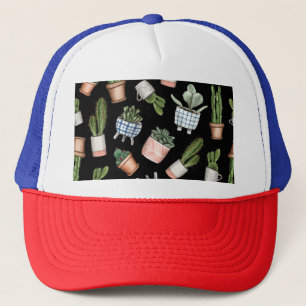 Watercolor Home Plants Black Seamless Trucker Hat